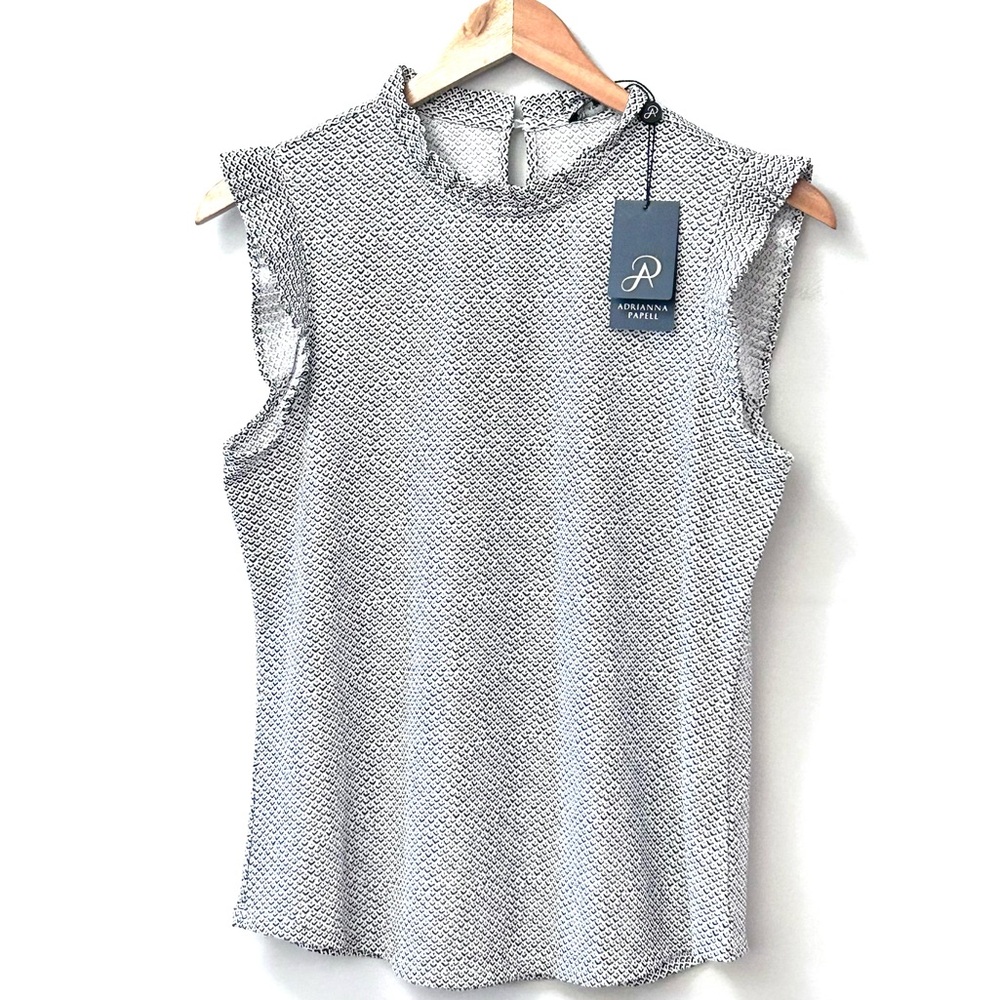 Adrianna Papell High Ruffle Neck Pleated Cap Sleeve Geometric Blouse Women’s S